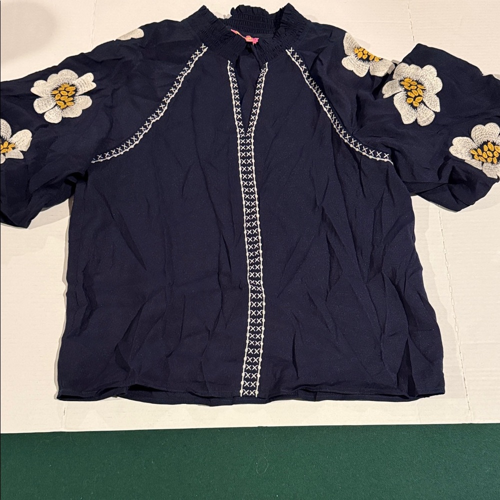 THML Navy Blue Floral-Embroidered Puff Sleeve Blouse